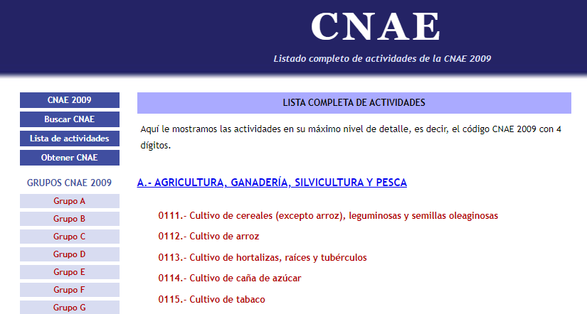 lista de actividades CNAE